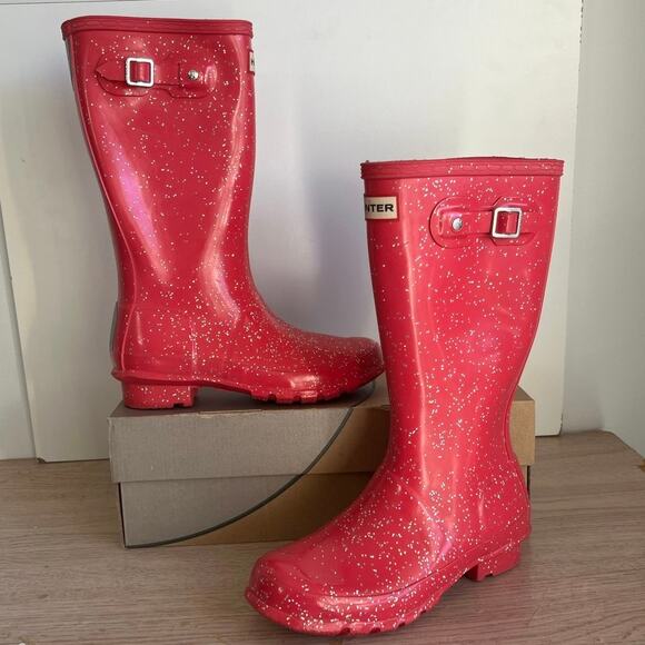 Hunter Original Tall Pink Glitter Buckle Boots Kids - SZ 3 Boy/ 4 Girl - Picture 1 of 8